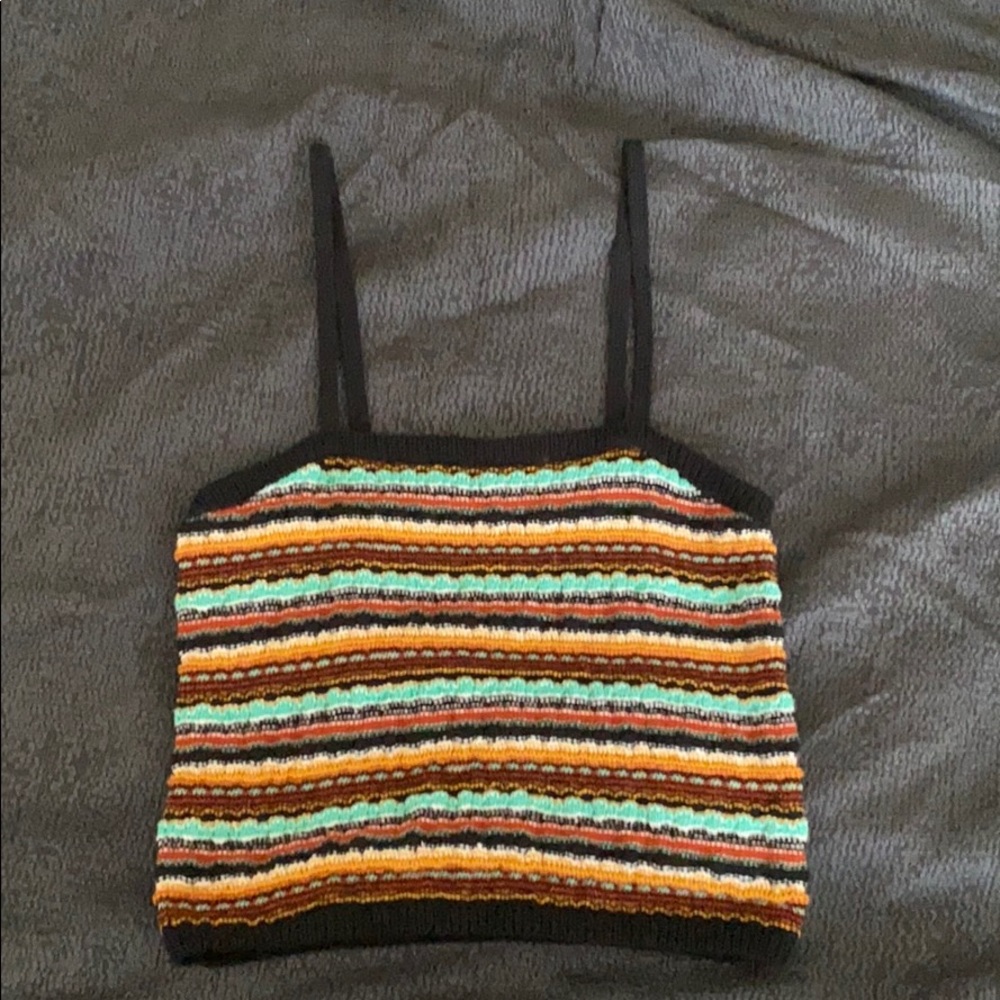 Rust, orange, blue, black striped crop top